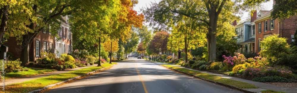 A serene autumn afternoon stroll through the charming streets of a picturesque town A serene autumn afternoon stroll through the charming streets of a picturesque town