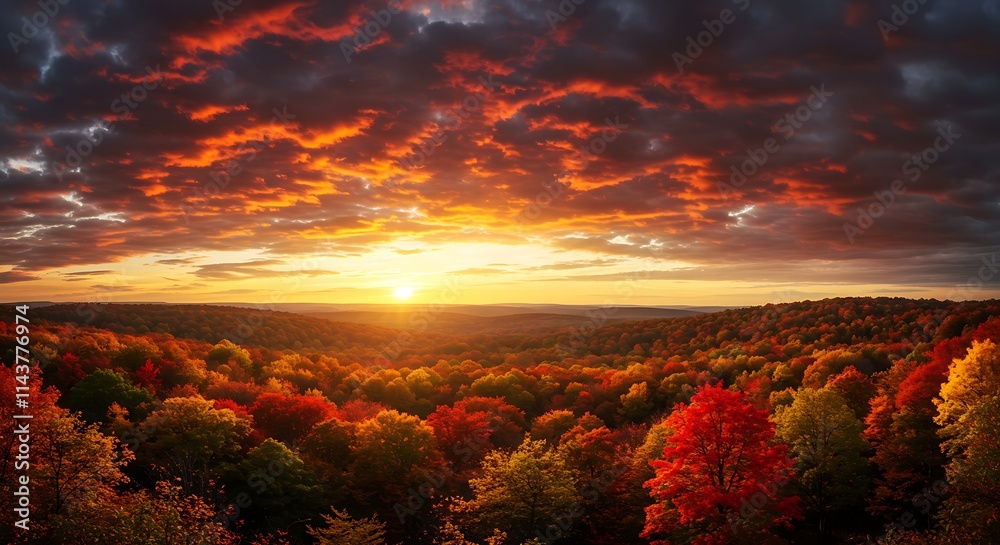 A dramatic autumn sky over a forest with golden and crimson leaves A dramatic autumn sky over a forest with golden and crimson leaves