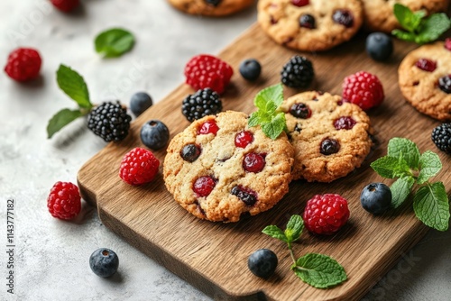 Delicious berry cookies on wooden board with fresh fruit photo