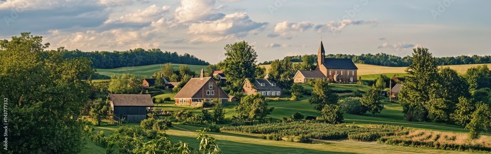 A scenic view of the Amana Colonies highlighting lush greenery and historic architecture during a tranquil afternoon A scenic view of the Amana Colonies highlighting lush greenery and historic architecture during a tranquil afternoon