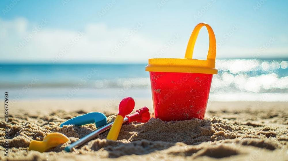 Children playing with colorful beach toys near ocean waves sandy beach summer fun Children playing with colorful beach toys near ocean waves sandy beach summer fun