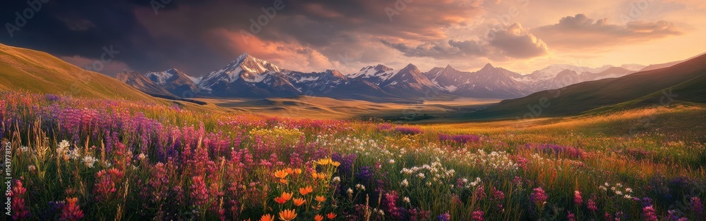 Obraz premium A vibrant landscape showcasing rolling hills adorned with wildflowers against a majestic mountain backdrop during sunset
