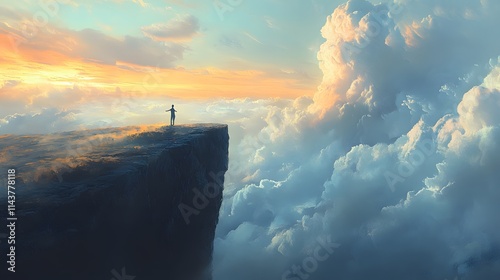 Person standing at the edge of a cliff with arms wide open overlooking a vast horizon filled with endless possibilities