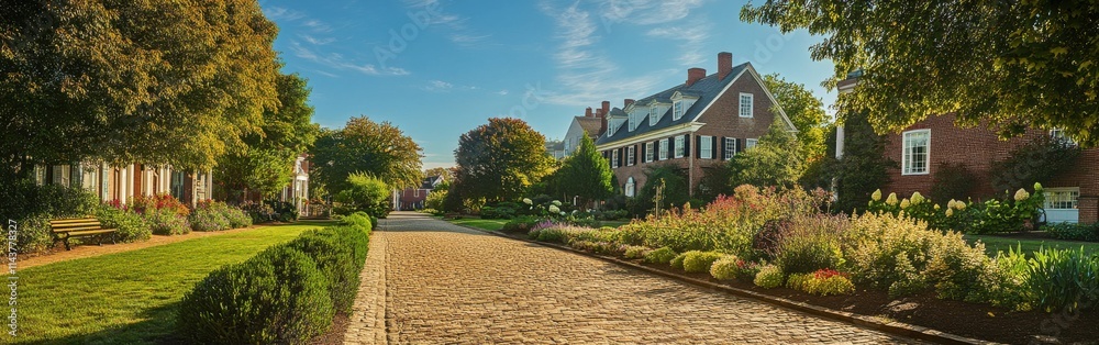 Charming historic town with cobblestone paths and lush gardens under a clear blue sky in a serene afternoon setting Charming historic town with cobblestone paths and lush gardens under a clear blue sky in a serene afternoon setting