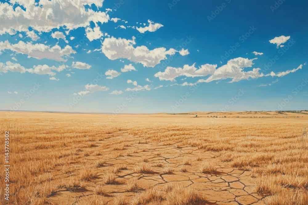 Naklejka premium Dry cracked earth field under a bright blue sky