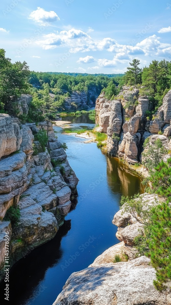 Explore the serene beauty of Wisconsin's historic rock formations and tranquil waterways under a clear blue sky Explore the serene beauty of Wisconsin's historic rock formations and tranquil waterways under a clear blue sky