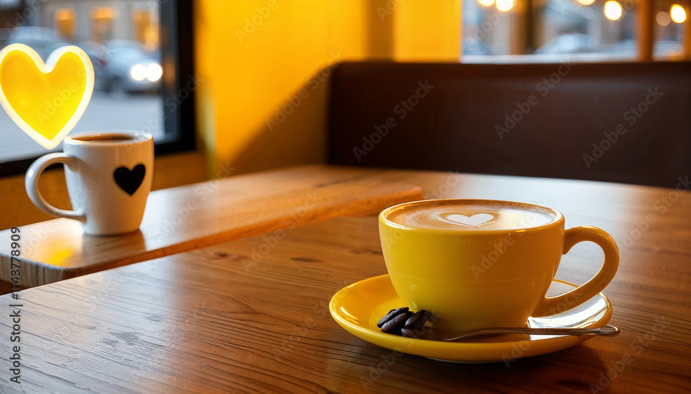 cozy cafe with cup of white coffee and heart on the table cozy cafe with cup of white coffee and heart on the table