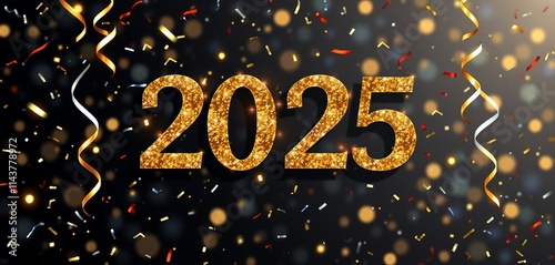 New Year 2025 celebration, neon lights, fireworks, and party decorations photo