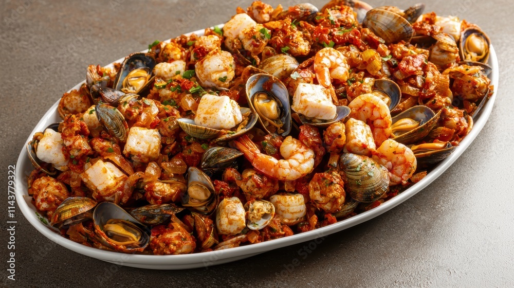 Top view of a seafood feast platter culinary delight in a warm coastal atmosphere Top view of a seafood feast platter culinary delight in a warm coastal atmosphere