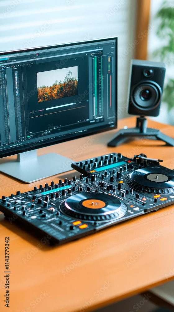 Fototapeta premium A modern DJ setup featuring a mixing console, computer monitor, and studio speakers, perfect for music production and editing.