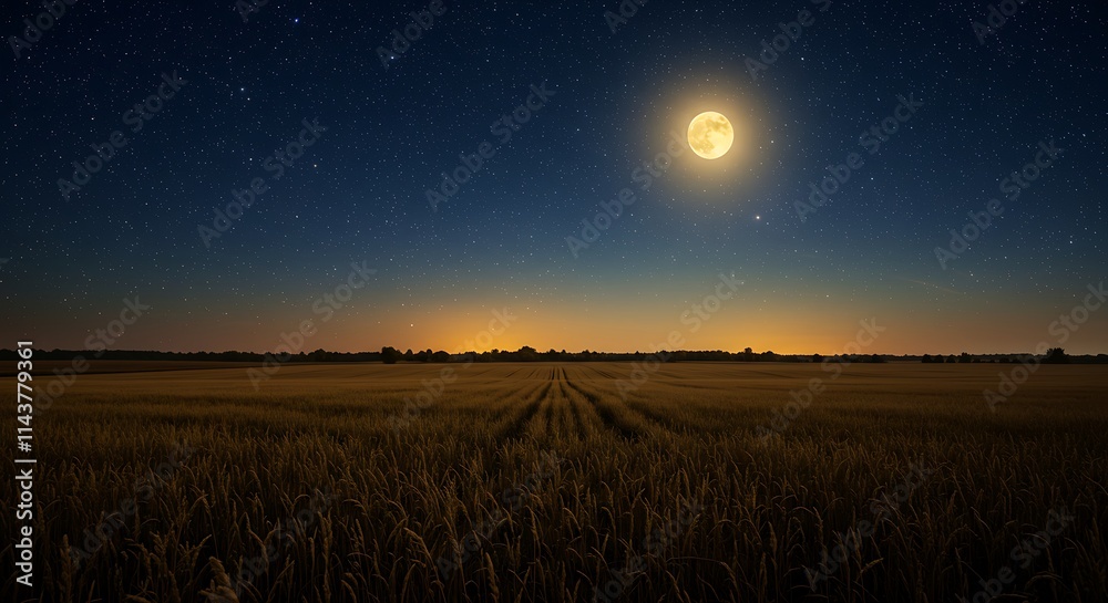 A peaceful autumn night with a harvest moon glowing over a field A peaceful autumn night with a harvest moon glowing over a field