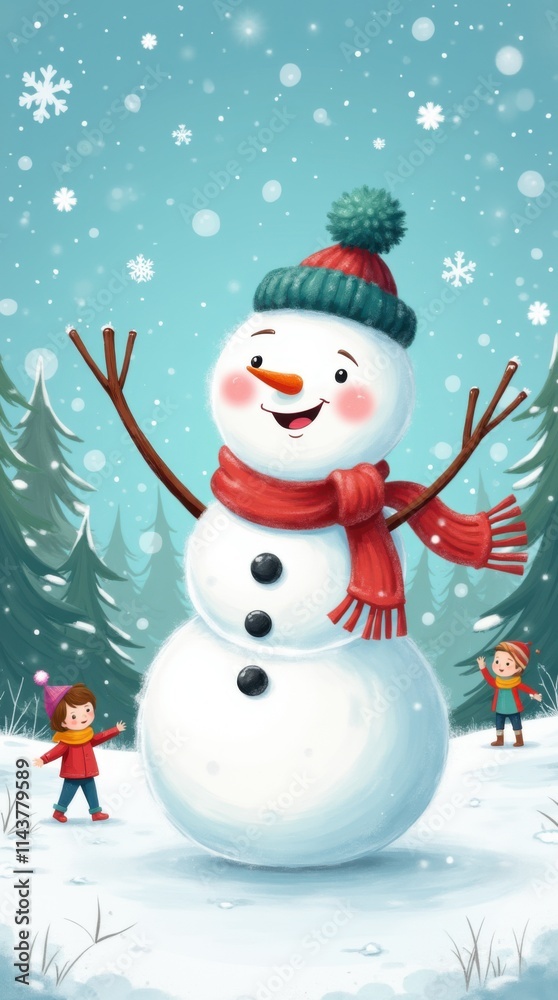Friendly Snowman Waving to Children in a Snowy Park Friendly Snowman Waving to Children in a Snowy Park