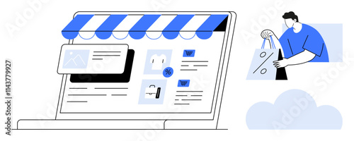 E-commerce platform with blue and white storefront, product listings and discount tags. Customer holding shopping bags. Ideal for online shopping, retail marketing, digital stores, customer service