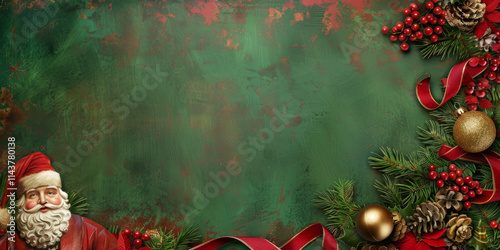 A festive Christmas background with a decorated tree, Santa Claus, and a natural green artistic background ,Generated By Ai