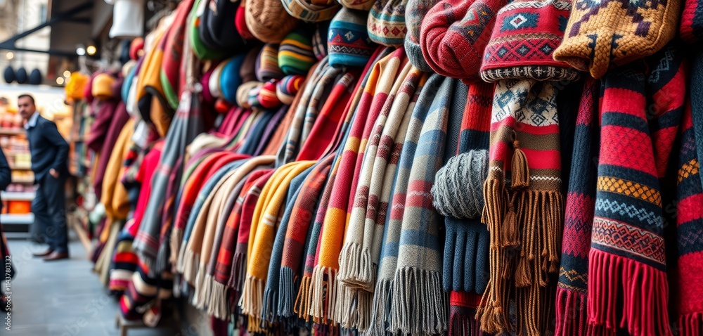 Fototapeta premium Colorful wool sweaters, scarfs, gloves and hats close-up, vibrant patterns and textures