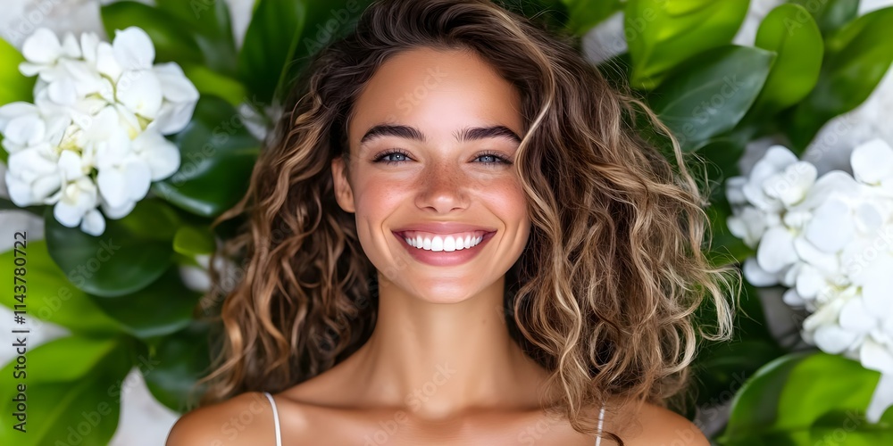 Fototapeta premium A smiling woman with curly hair surrounded by white flowers and green leaves. Concept Smiling Woman, Curly Hair, White Flowers, Green Leaves, Natural Beauty