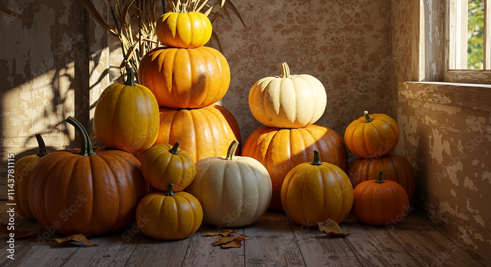 A stack of colorful pumpkins arranged on a rustic porch A stack of colorful pumpkins arranged on a rustic porch