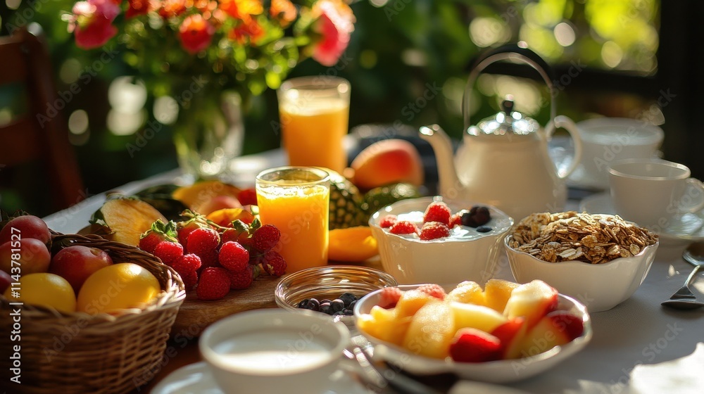 Fresh and Colorful Breakfast Table with Fruits and Beverages Fresh and Colorful Breakfast Table with Fruits and Beverages