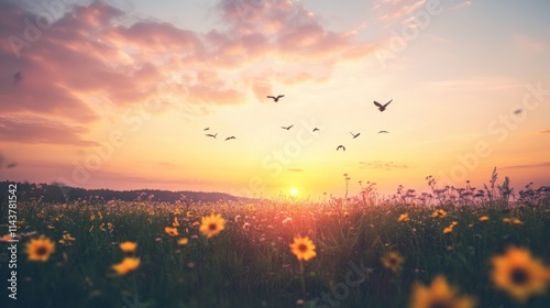 Fototapeta Naklejka Na Ścianę i Meble -  A stunning sunset casts a warm glow over a vibrant field filled with blooming flowers and flying birds in a serene landscape