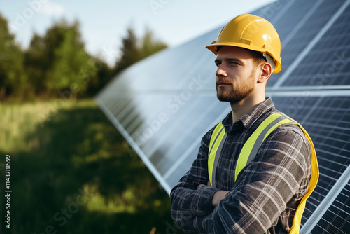 man in a yellow hard hat stands in front of a solar panel field. He is wearing a reflective vest and he is a worker in the field