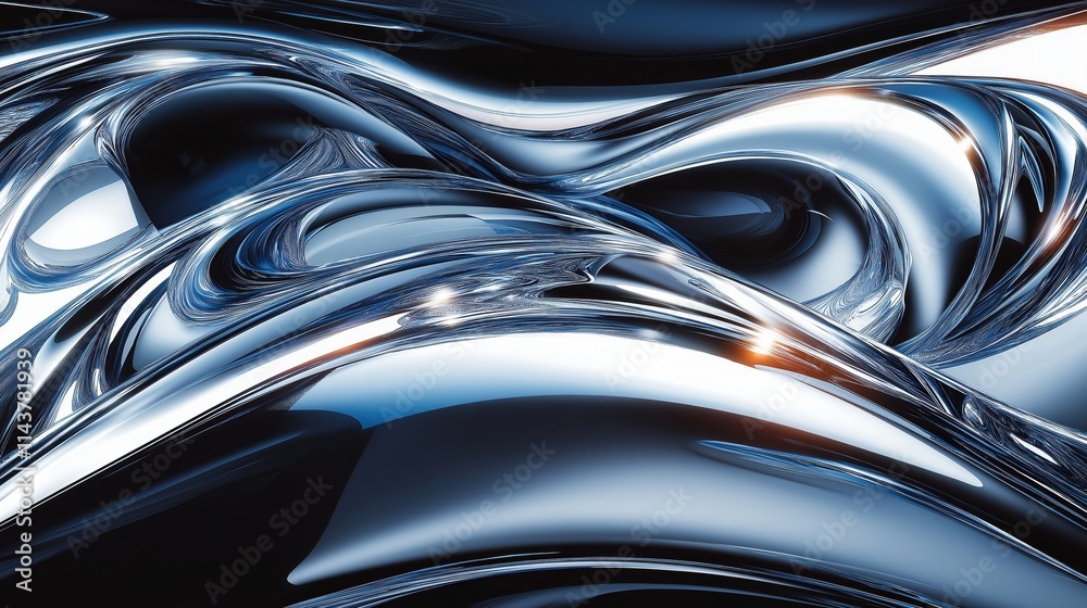 A close-up of smooth, reflective metallic waves in shades of blue and silver. A close-up of smooth, reflective metallic waves in shades of blue and silver.