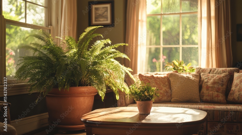 A cozy living room with sunlight streaming in and a large fern by the window creating a peaceful, inviting atmosphere A cozy living room with sunlight streaming in and a large fern by the window creating a peaceful, inviting atmosphere