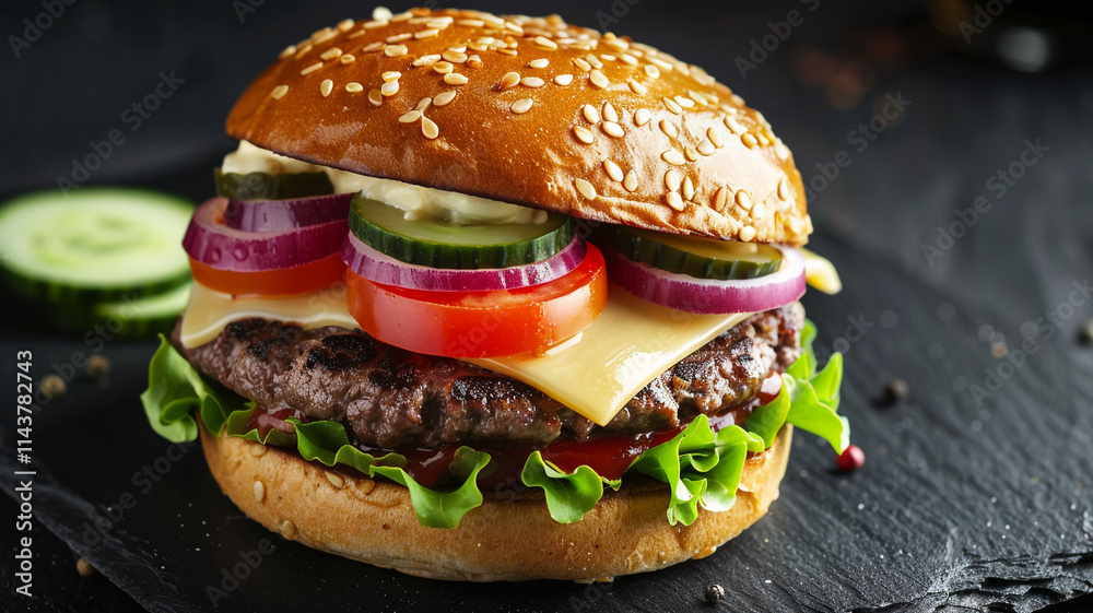 Juicy beef burger topped with cheese, tomatoes, red onions, cucumbers, and lettuce, placed on black slate over dark background, perfect for unhealthy food cravings Juicy beef burger topped with cheese, tomatoes, red onions, cucumbers, and lettuce, placed on black slate over dark background, perfect for unhealthy food cravings