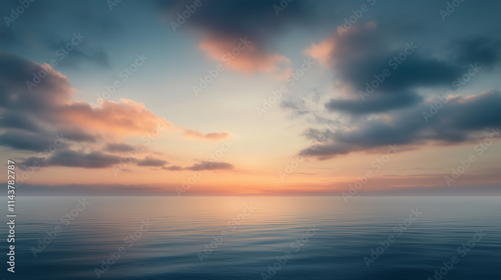 Fototapeta premium serene ocean view at sunset, featuring calm waters and soft clouds. tranquil atmosphere evokes sense of peace and relaxation, perfect for nature lovers.