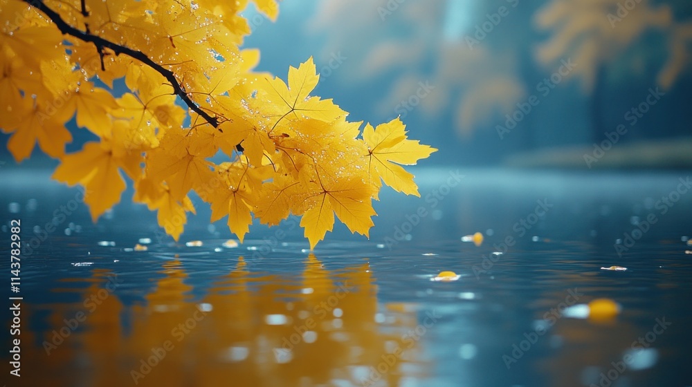 Golden maple leaves over calm water, autumn.