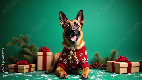 a cheerful belgian malinois dog its fur a rich brown Christmas theme background