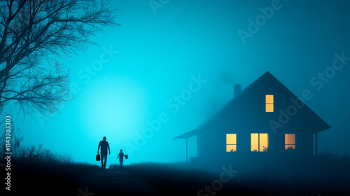 A silhouette of a person and a child walking towards a glowing house in a foggy, blue atmosphere, creating a mysterious and serene ambiance.