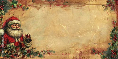 Vintage grunge paper background with aged floral design and textured leaves border with Santa,Generated By Ai