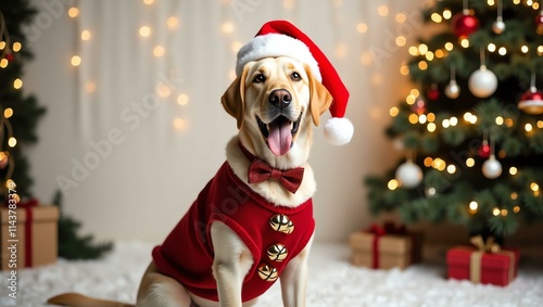 a jovial labrador retriever donning a festive christm Christmas theme background