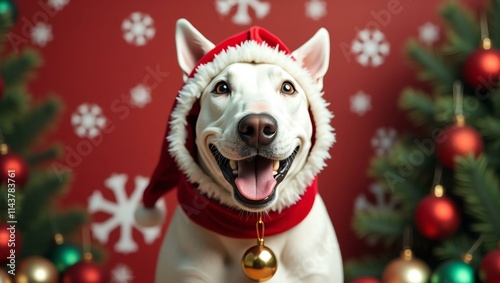 a joyful bull terrier dog with a stout build and dist Christmas theme background photo