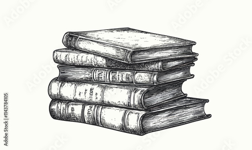 Vintage Engraving of Stack of Books in Minimalist Black and White Vector Style photo