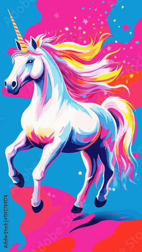 Vibrant Magical Unicorn Illustration with Colorful Mane and Stars on Blue Background