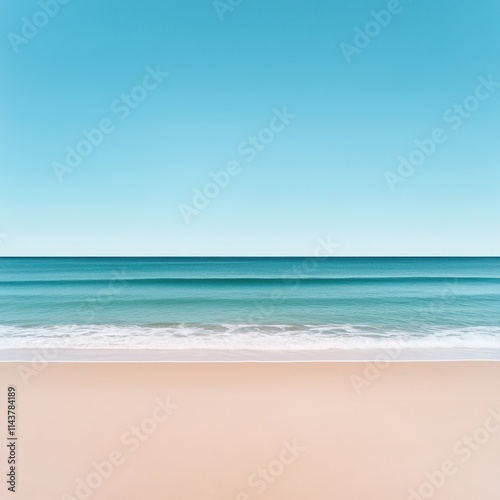 Serene Beach View with Calm Waters and Clear Blue Sky, Tranquil Ocean Scene Ideal for Relaxation and Vacation-Themed Visuals in Stock Photography