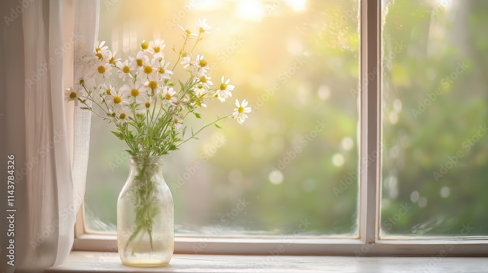 A vase of daisies placed on a windowsill with soft sunlight filtering through. A vase of daisies placed on a windowsill with soft sunlight filtering through.