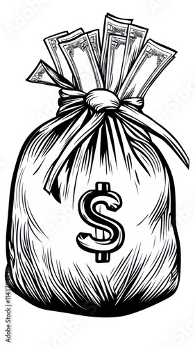 Minimalist Money Bag with Dollar Sign Black and White Engraving Vector Illustration
