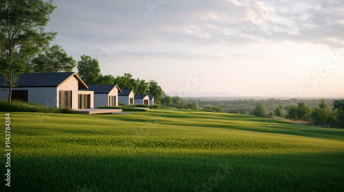 Modern houses on green hillside with scenic landscape and soft sunlight. tranquil setting features lush grass and distant mountains, creating peaceful atmosphere.