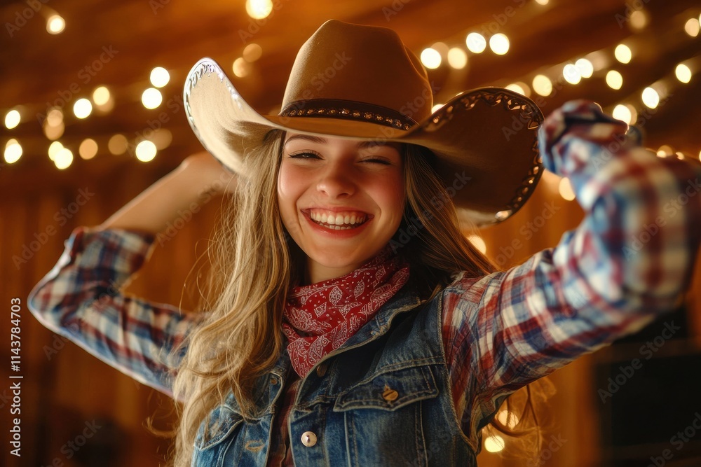Cowgirl in a plaid shirt and denim vest wearing a cowboy hat Cowgirl in a plaid shirt and denim vest wearing a cowboy hat