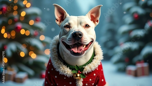 a joyful staffordshire bull terrier with a broad toot Christmas theme background