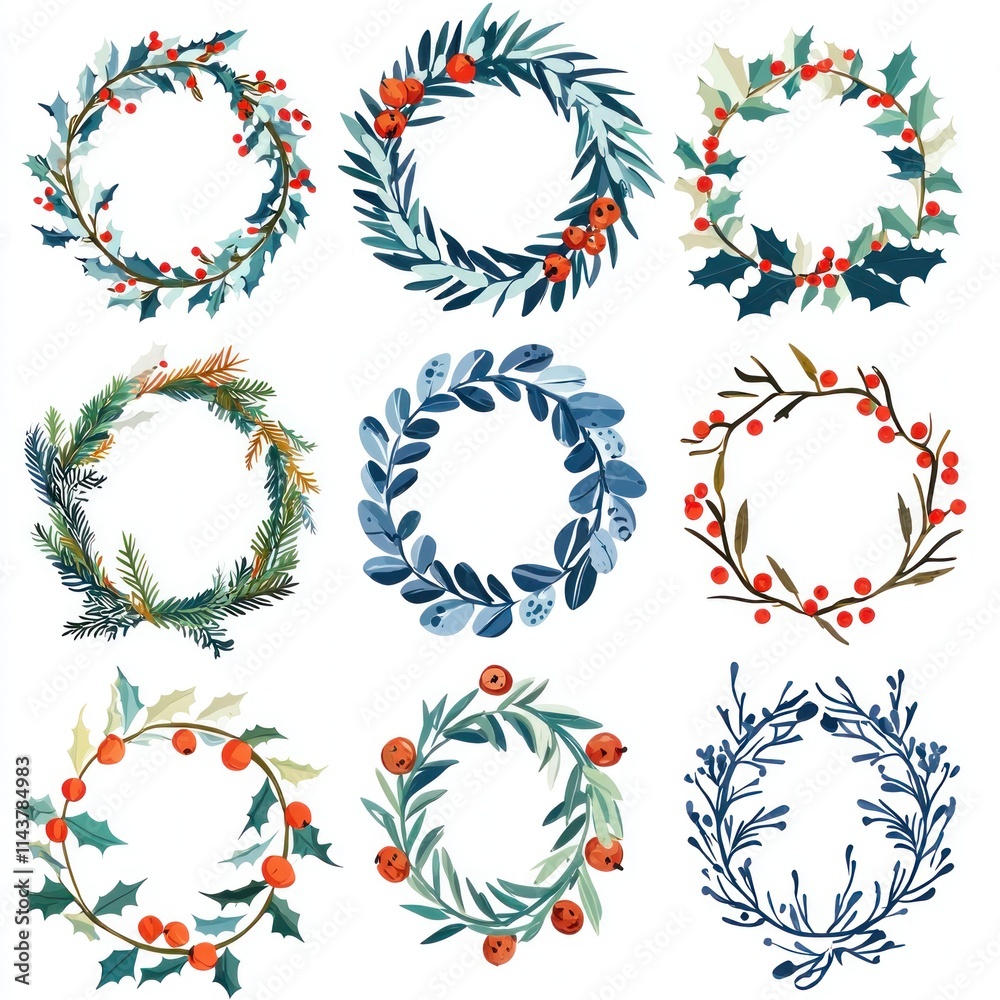 Beautiful Collection of Hand-Drawn Floral Wreaths Featuring Seasonal Berries, Greenery, and Leaves, Perfect for Holiday Cards, Decorations, and Craft Projects Beautiful Collection of Hand-Drawn Floral Wreaths Featuring Seasonal Berries, Greenery, and Leaves, Perfect for Holiday Cards, Decorations, and Craft Projects