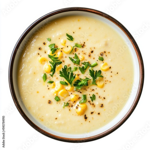 Creamed corn soup on white bowl top view isolated on white background