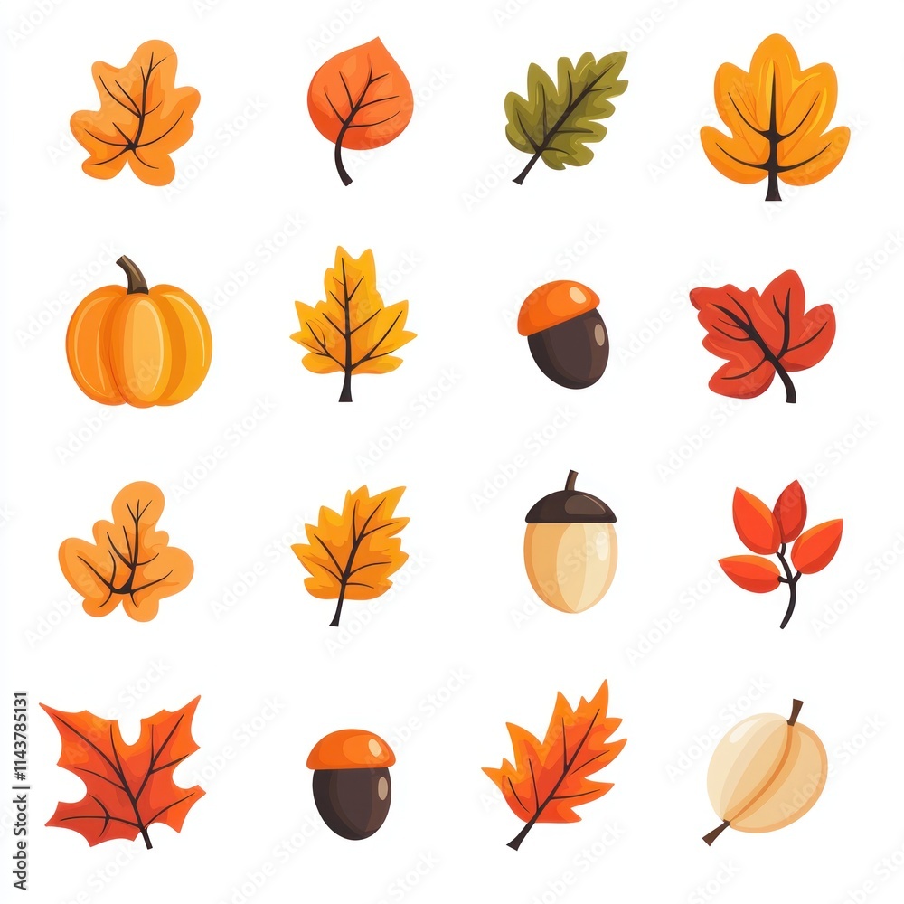 Obraz premium Colorful and Vibrant Collection of Autumn Leaves, Acorns, and Pumpkins Perfect for Seasonal Illustrations, Crafts, and Graphic Design Projects
