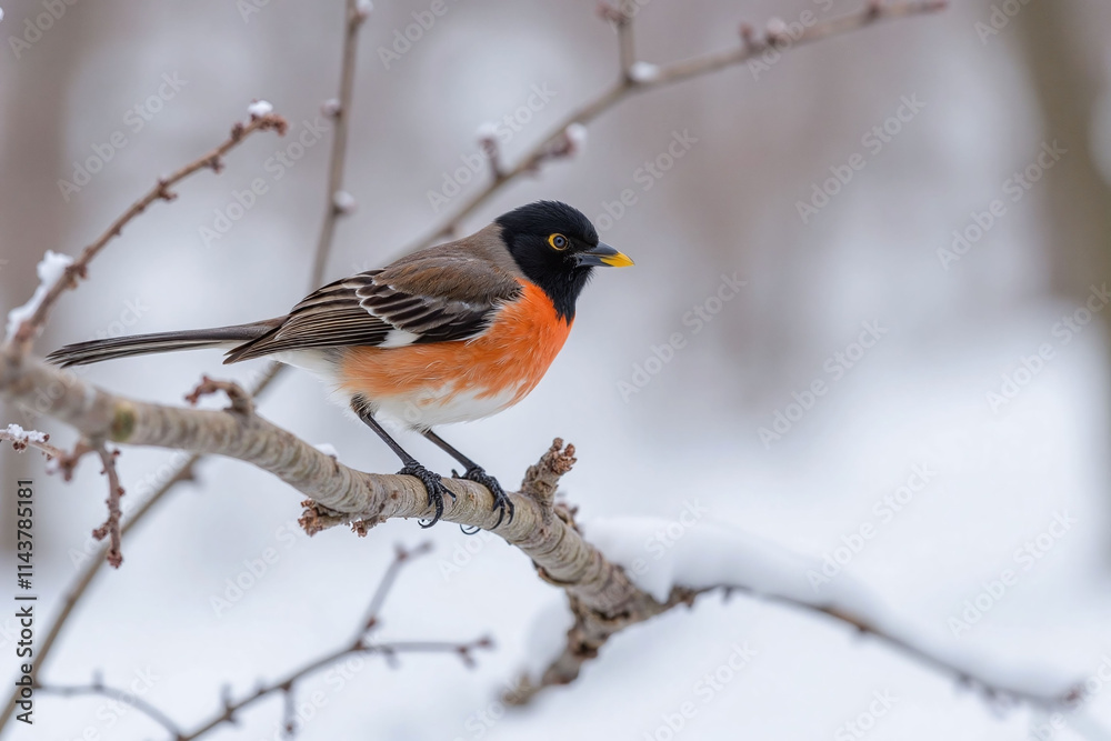 Northern Shrike perched in wintry landscape Northern Shrike perched in wintry landscape