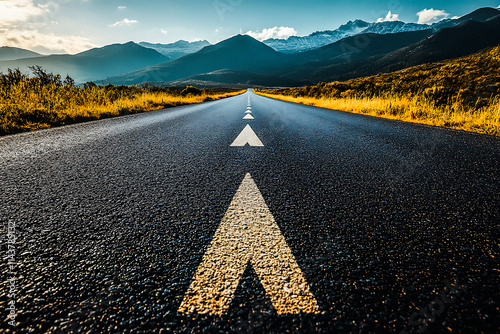 Photo Asphalt Road Symbolism, Long, asphalted road with upward arrows. Symbolizes growth, development, success. Ideal for themes of progress, ambition, and continuous improvement.	