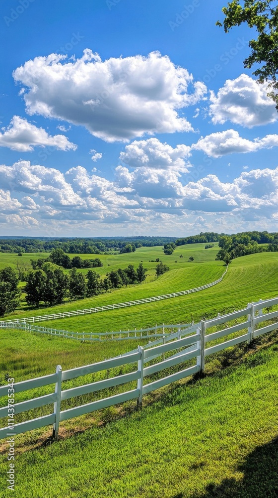 A stunning view of lush rolling hills and white fences under a blue sky with scattered clouds in late afternoon light A stunning view of lush rolling hills and white fences under a blue sky with scattered clouds in late afternoon light
