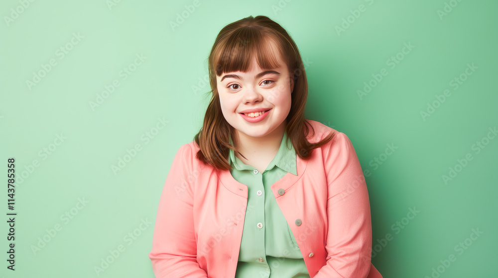 Portrait of smiling laughing teenage girl with Down syndrome green background. Portrait of smiling laughing teenage girl with Down syndrome green background.