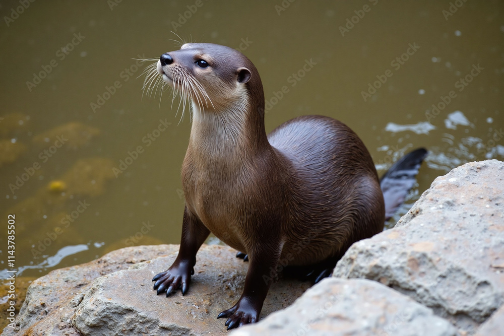 Otter on rocky outcropping in shallow murky water Otter on rocky outcropping in shallow murky water